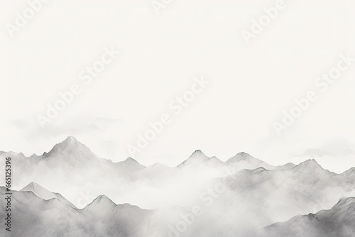 Watercolor mountain range in light gray tones over white background with copy space