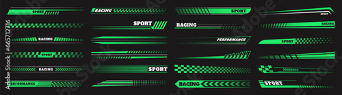 Car race stripes. Speed line stickers. Graphic sport decal elements for motorcycle. Motor racing design. Auto checker. Automobile decoration. Rally dynamic motion. Vector ribbon borders set