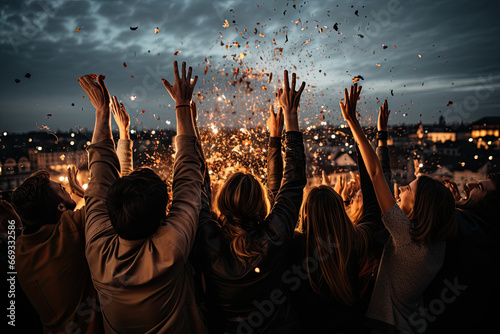 people holding their hands in the air as they are throwing cons into the night sky, with fireworks exploding all around them