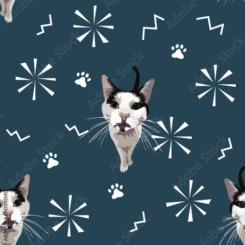 Cat illustration, mixed breed. Merry Christmas seamless pattern with cats, paw icons, swirl, holiday texture. Square format, poster, packaging, textile, wrapping paper. Trendy hand-drawn winter design
