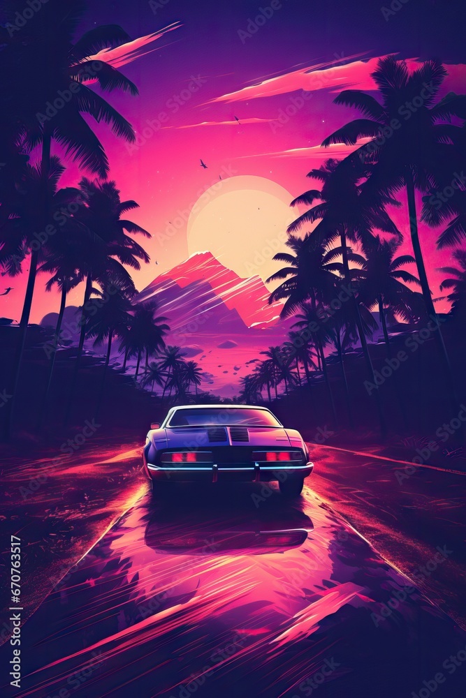 Retro Car Rides Among The Palm Trees Against The Backdrop Of The Sunset