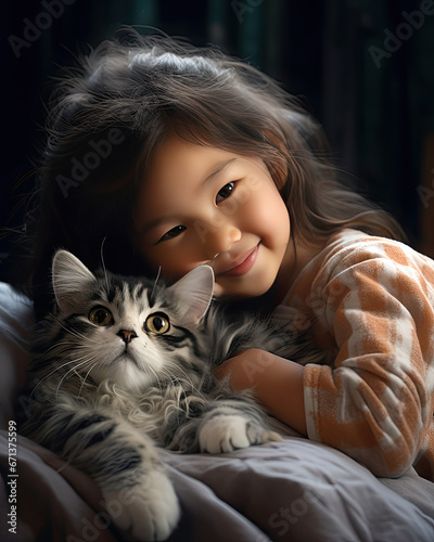 A sweet little girl hugging her pet on a cosy bed