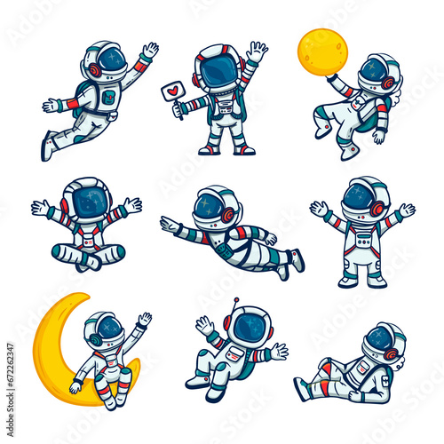 set of cartoon astronauts isolated on white background. Doodle style, elements for book, magazines. Coloring page.