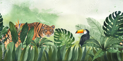 Watercolor illustration banner, frame or template composition of tropical leaves, tiger and bird toucan. Seamless print for children's wallpaper.