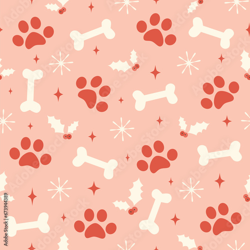 cute christmas seamless vector pattern background illustration with red paw prints, bones, stars, mistletoe and snowflakes