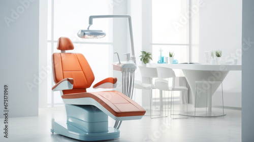 Stylish room. Red dentist chair in office room. Concept of healthcare. Ai generative.