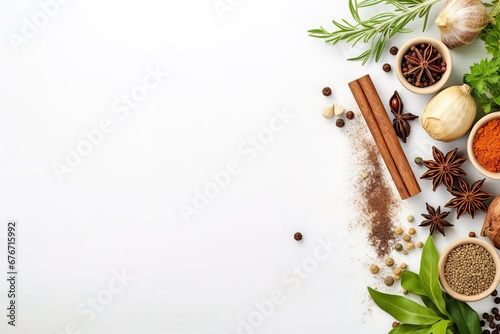 various herbs and spices are arranged on a white background, spices and herbs