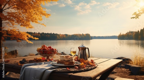 lake fall table sunny scenic illustration water picnic, sunlight recreation, waterfront trail lake fall table sunny scenic