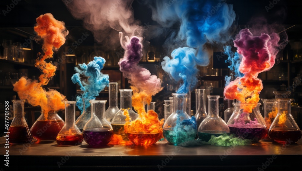 A Table Of Chemistry Flasks Filled With Colourful Bubbling Liquids A