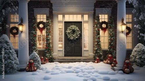 a house decorated for christmas with a wreath on the front door and wreaths on the front of the house.