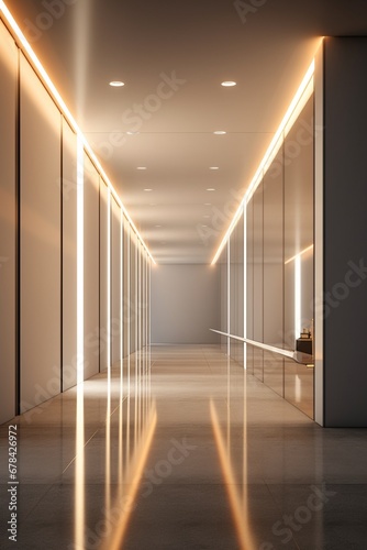 a corridor in a modern urban building, with a sleek and futuristic design. The corridor is bathed in soft, ambient lighting, creating a sense of serenity and sophistication.
