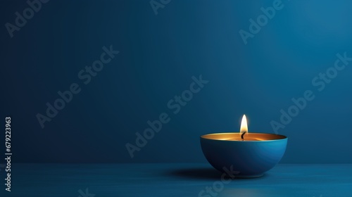 Zen Candle with smooth blue background. A single candle with copyspace.