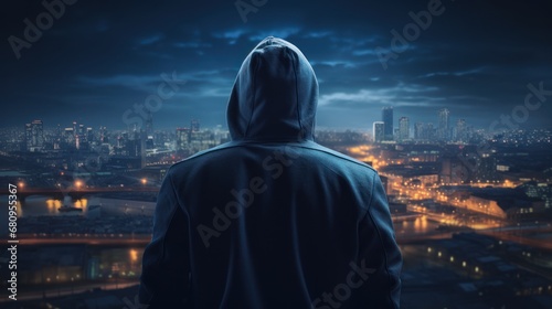 Back of hacker wearing hoodie against big city background, computer virus, electronic theft