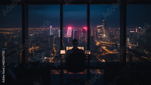 A businessman sitting in his office and working on project. Office have wide big windows and beautiful city view. Business concept.Modern office with computers.