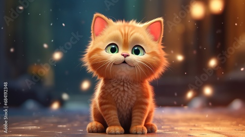 Cartoon character kitten 3d illustration for children. Cute fairytale cat print for clothes, stationery, books, merchandise.