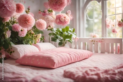 A baby girl's nursery with a garden of blooming flowers, floral patterns, and an ambiance of natural beauty for sweet dreams