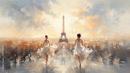 Paris Olympic Games 2024 Background Wallpaper Template Eiffel Tower Opening Ceremony Celebration Beautiful Ballet Dancers for Presentation Slides Watercolor Illustration with Copy Space 16:9