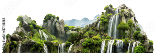 Cascading waterfalls in a lush green place, cut out