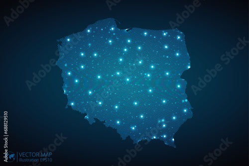 Poland map radial dotted pattern in futuristic style, design blue circle glowing outline made of stars. concept of communication on dark blue background. Vector illustration EPS10