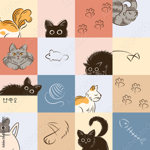 Seamless pattern of cats in different poses in sketch style. Fat cute cat lifestyle. Pets. The cat hissses, sleeps, hides sitting in box, walks. For wallpaper, fabric, wrapping, background. Fish bones