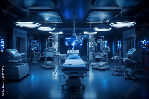 hyperrealistic operating room in a hospital light blue background