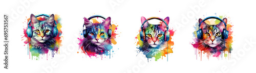 Watercolor cat listening a music. T shirt set. Vector illustration design.
