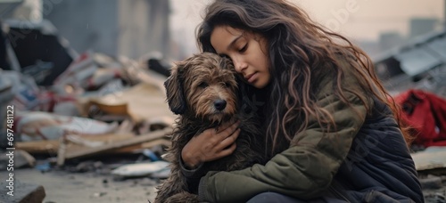 Woman with dog seeking comfort amidst urban devastation. Human-animal bond.