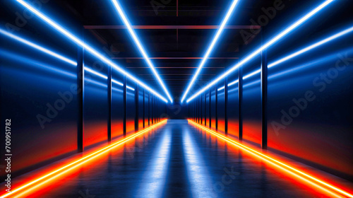 Futuristic Corridor Glows with Neon Blue and Warm Orange Lights, a Pathway to Tomorrow