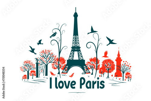 I love Paris: eiffel tower silhouette with trees and birds