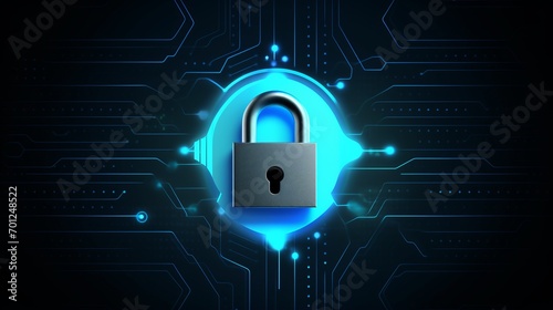 Padlock in neon glow on abstract chip pattern backdrop, symbolizing of personal data security and data leak protection in digital cyberspace, personal data protection in digital age concept