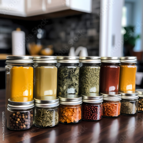 A colorful array of spices in small jars in a kitchen.