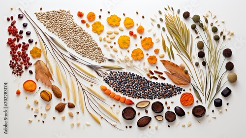 an array of seeds forming a vibrant mosaic, their different colors and textures creating a harmonious and visually appealing artwork against the simplicity of a white backdrop, 