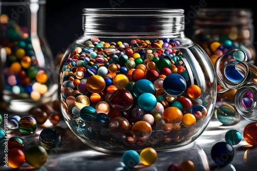 A crystal-clear glass jar filled with colorful marbles of various sizes, reflecting the ambient light in a mesmerizing pattern.