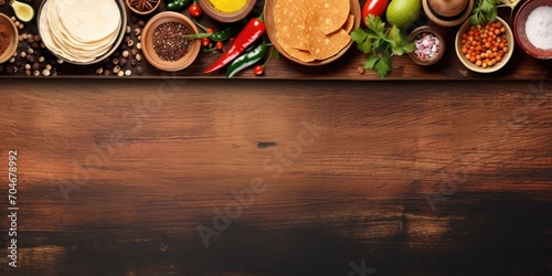 Traditional Mexican food preparation with rustic table setting and cultural elements. Panoramic top view with empty space for text.