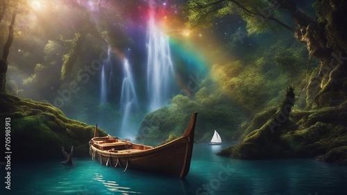 Fantasy_ A rainbow boat    , sailing under a waterfall of stars, with a magical forest  