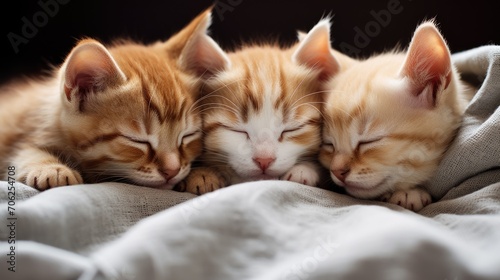 A group of kittens are sleeping on a bed