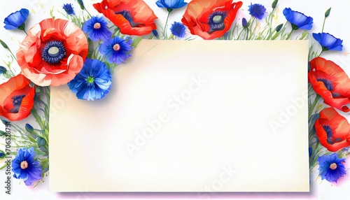 Kwiaty maków i chabrów otaczające białą kartkę papieru