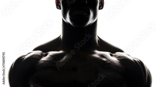 Backlit closeup silhouette of a muscular man, highlighting his physique against a white backdrop