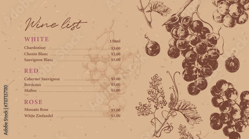 Wine list template with hand drawn elements. Vintage illustration of grape vines with leaves and flowers