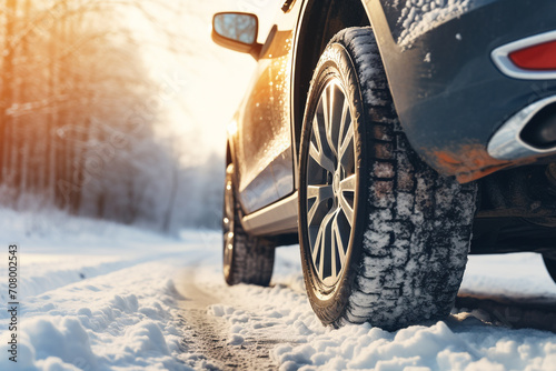 Winter tire. SUV car on snow road. 