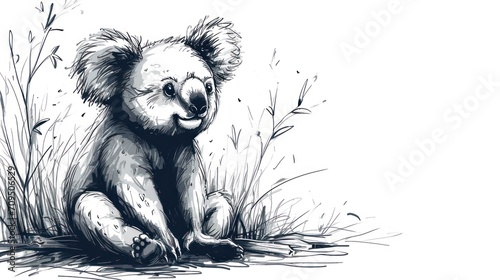  a black and white drawing of a koala sitting in a field of tall grass and looking at the camera.