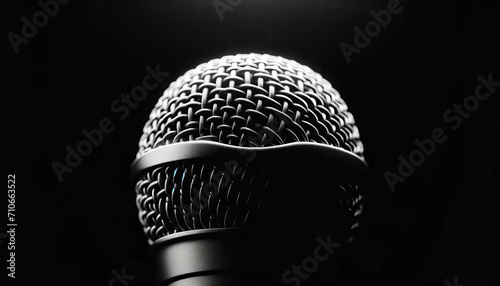 a close-up of a microphone in monochrome with dramatic lighting.