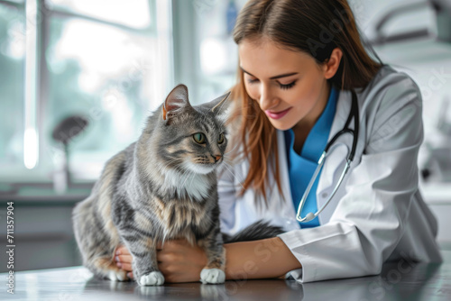The female veterinarian is examining the pet cat