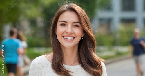 A happy young woman with braces smiles joyfully in an urban setting. The cheerful portrait reflects dental care and orthodontics, blending beauty and health in a city park.