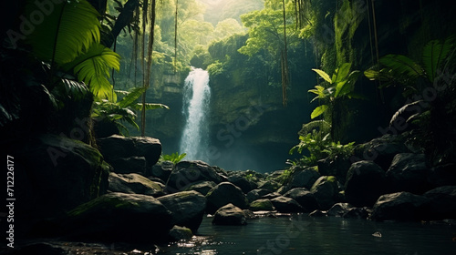 A waterfall in the middle of a tropical forest