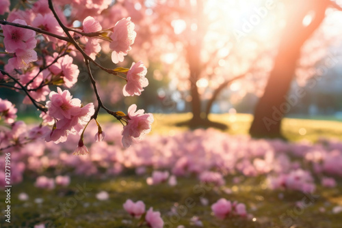 A wide angle shot of a field of pink cherry blossoms swaying in the wind, the sun shining through the petals creating a beautiful contrast between the pink and the green grass
