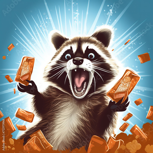 A comical raccoon making funny faces enjoing candy bars
