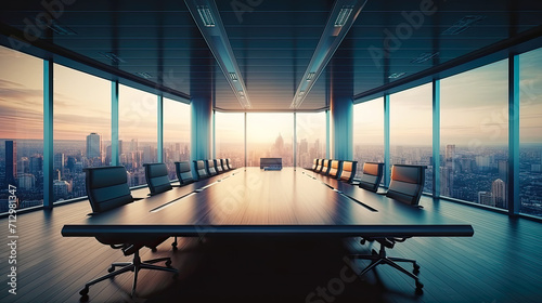 Large meeting room in modern office with great view on city skyline. Postproducted generative AI illustration...