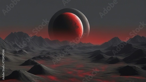 sunrise in the mountains  A dark gray moon with a rough surface and ridges. The moon is orbiting a red and black planet  