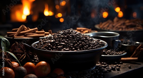 A fragrant pot of aromatic coffee beans and spicy cinnamon sticks, perfect for creating a warm and cozy indoor atmosphere while cooking up a delicious meal